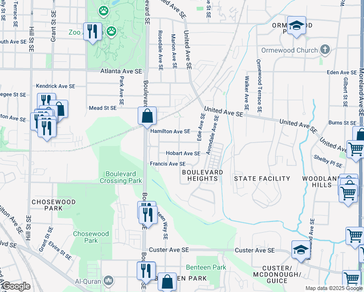 map of restaurants, bars, coffee shops, grocery stores, and more near 1102 Morley Avenue Southeast in Atlanta