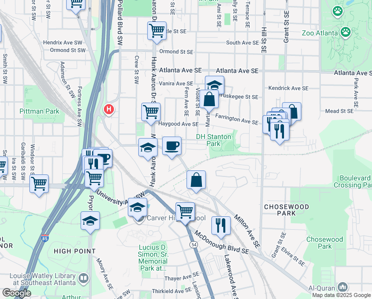 map of restaurants, bars, coffee shops, grocery stores, and more near 72 Milton Ave SE in Atlanta