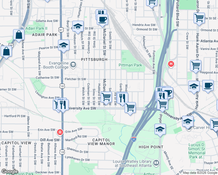 map of restaurants, bars, coffee shops, grocery stores, and more near 1116 Smith Street Southwest in Atlanta