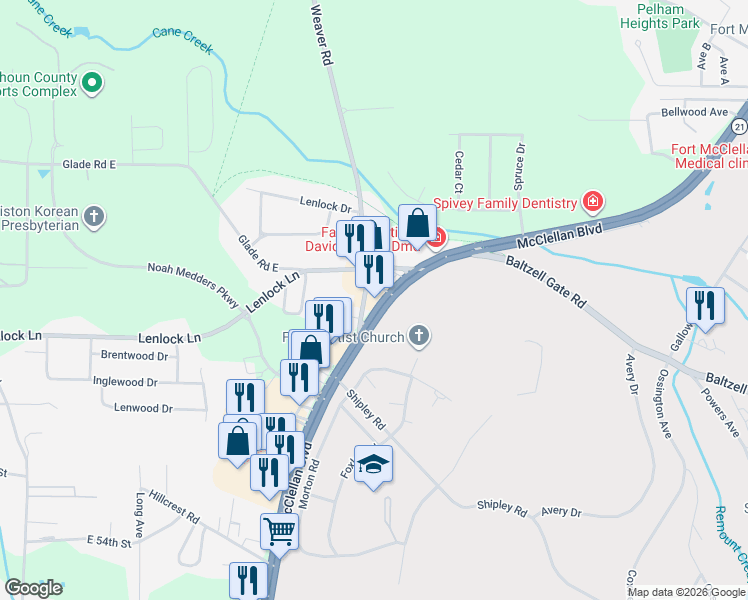 map of restaurants, bars, coffee shops, grocery stores, and more near 5704 McClellan Blvd in Anniston