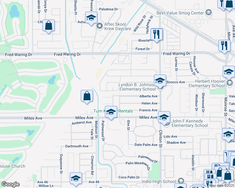 map of restaurants, bars, coffee shops, grocery stores, and more near 44637 Swingle Avenue in Indio