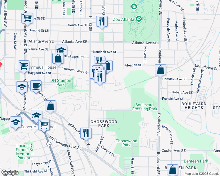 map of restaurants, bars, coffee shops, grocery stores, and more near 383 Pratt Drive Southeast in Atlanta