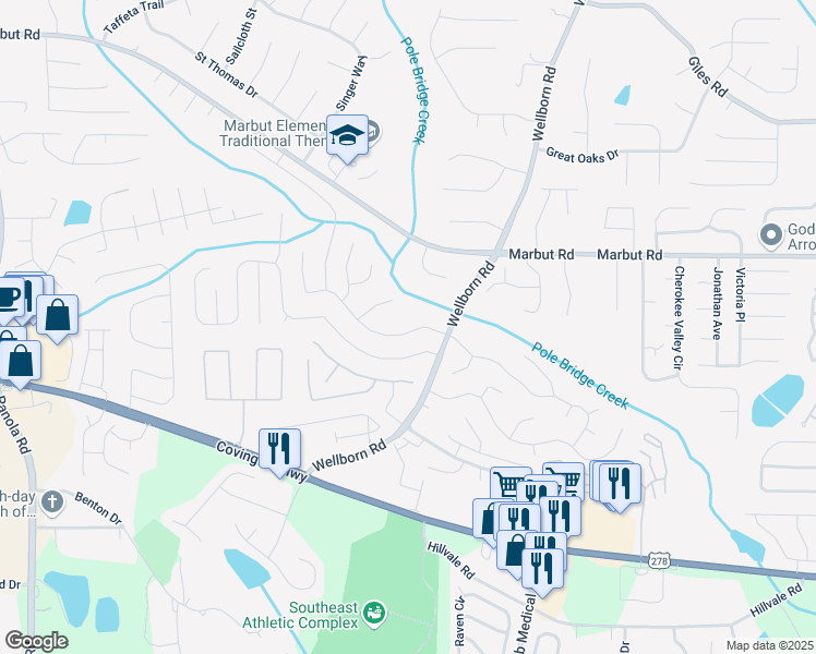 map of restaurants, bars, coffee shops, grocery stores, and more near 5822 Cedar Croft Lane in Lithonia