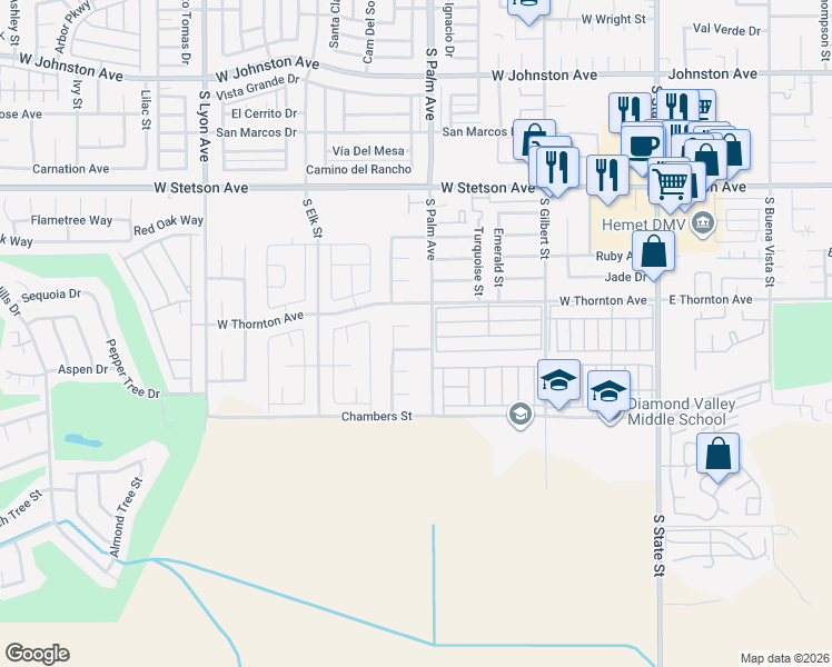 map of restaurants, bars, coffee shops, grocery stores, and more near 985 Basalt Court in Hemet