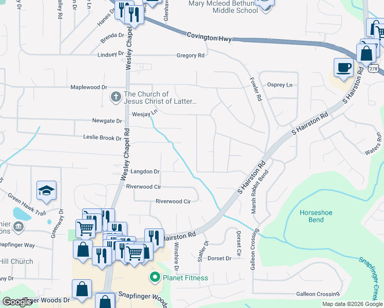 map of restaurants, bars, coffee shops, grocery stores, and more near 4381 Buckingham Circle in Decatur
