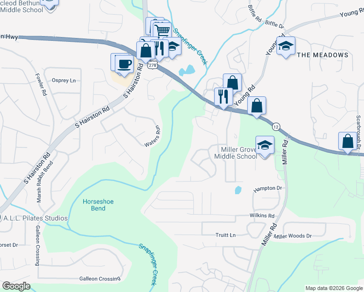 map of restaurants, bars, coffee shops, grocery stores, and more near 4884 Hidden Creek Place in Decatur