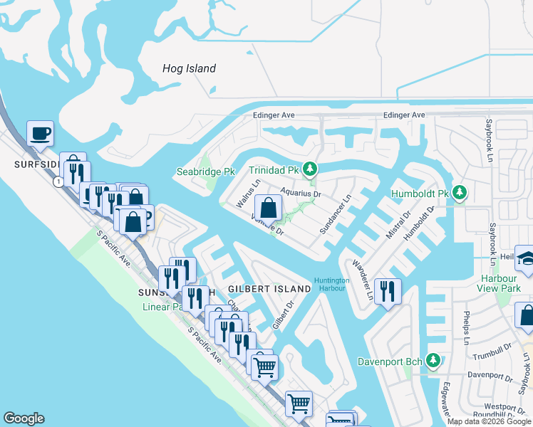 map of restaurants, bars, coffee shops, grocery stores, and more near 16351 Spartan Circle in Huntington Beach