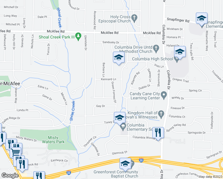 map of restaurants, bars, coffee shops, grocery stores, and more near 2211 Green Forrest Drive in Decatur