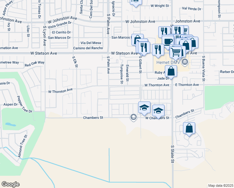 map of restaurants, bars, coffee shops, grocery stores, and more near 725 Thornton Avenue in Hemet