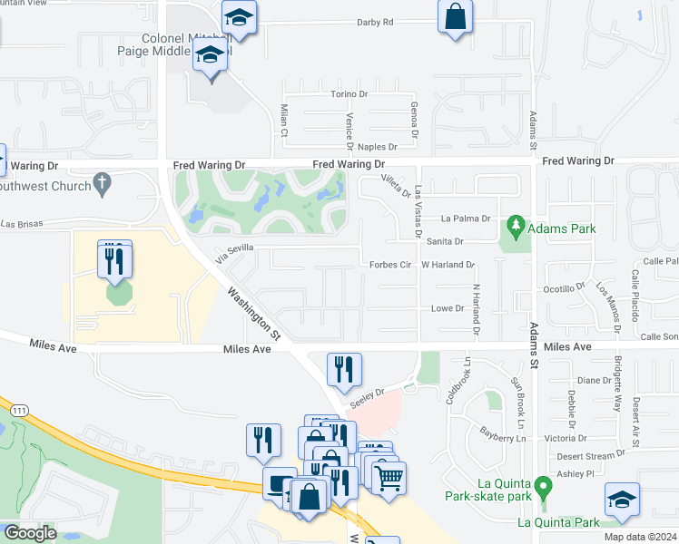 map of restaurants, bars, coffee shops, grocery stores, and more near 78485 Via Palomino in La Quinta