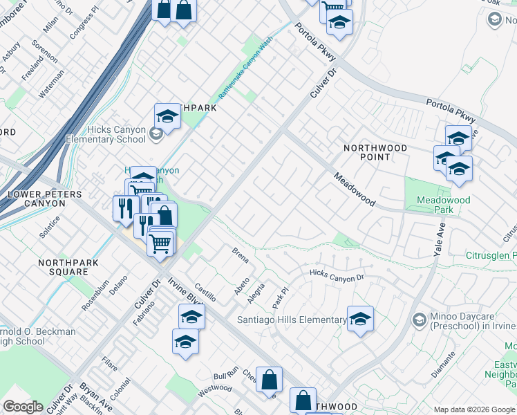 map of restaurants, bars, coffee shops, grocery stores, and more near 20 Laurelwood in Irvine