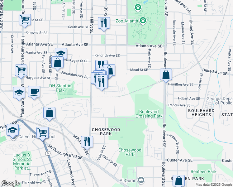 map of restaurants, bars, coffee shops, grocery stores, and more near 391 Grant Circle Southeast in Atlanta