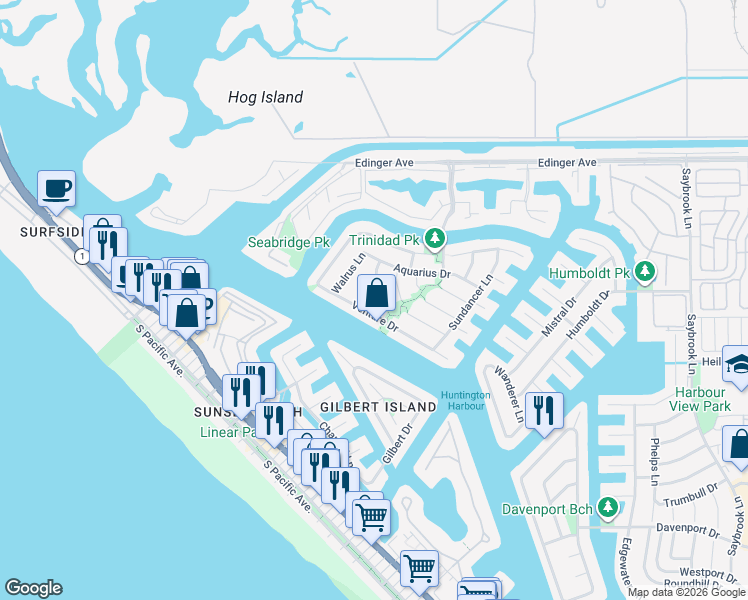 map of restaurants, bars, coffee shops, grocery stores, and more near 16351 Spartan Circle in Huntington Beach