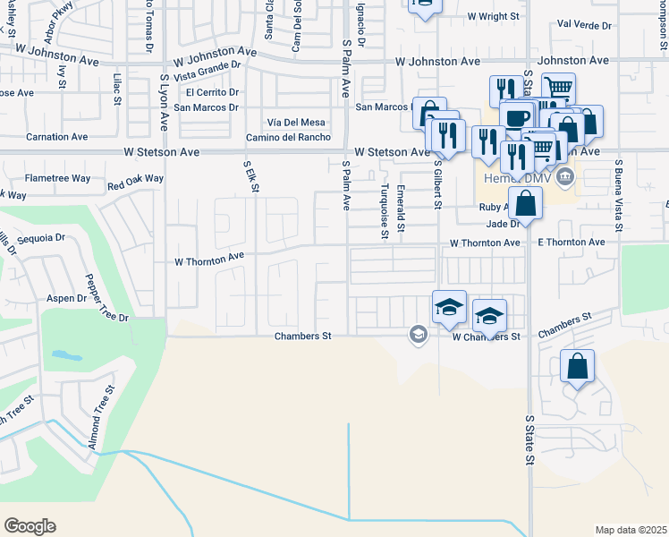 map of restaurants, bars, coffee shops, grocery stores, and more near 985 Basalt Court in Hemet