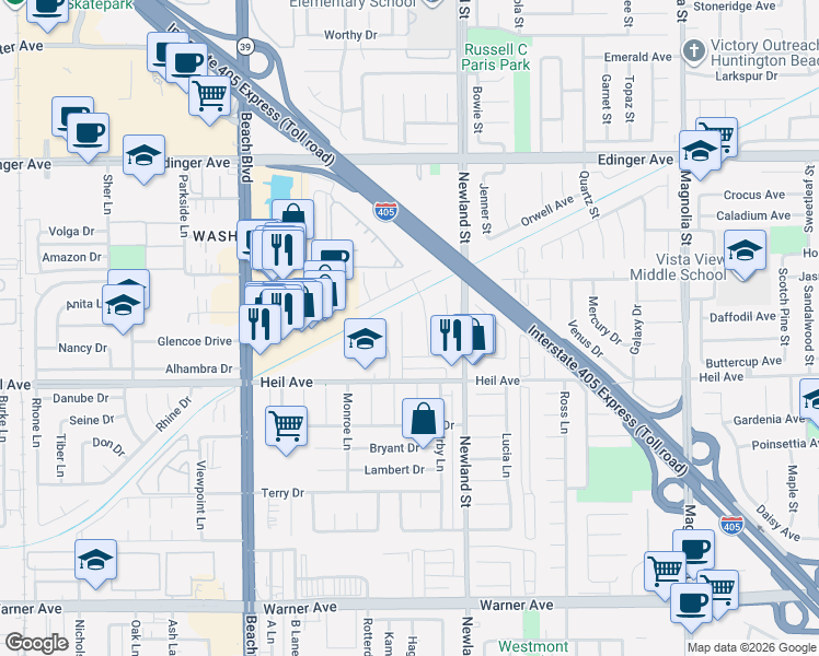 map of restaurants, bars, coffee shops, grocery stores, and more near 16401 Woodruff Street in Westminster