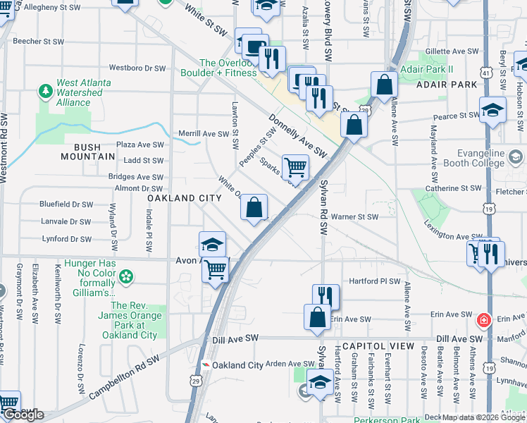 map of restaurants, bars, coffee shops, grocery stores, and more near 1033 White Oak Avenue Southwest in Atlanta