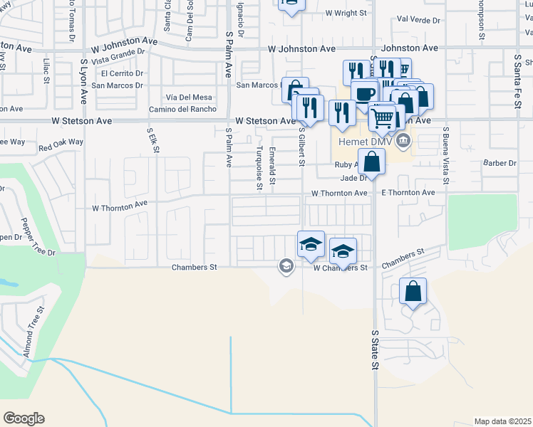 map of restaurants, bars, coffee shops, grocery stores, and more near 725 West Thornton Avenue in Hemet