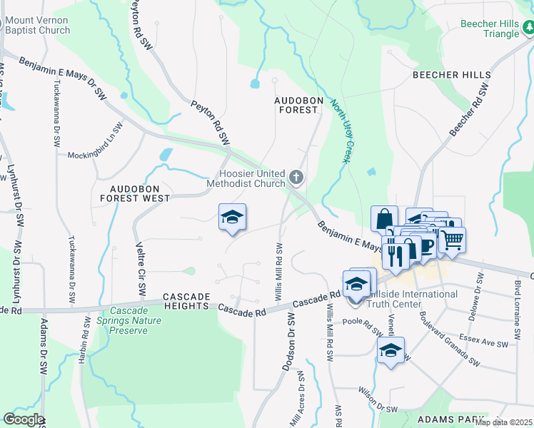 map of restaurants, bars, coffee shops, grocery stores, and more near 1107 Cardinal Way Southwest in Atlanta