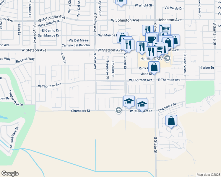map of restaurants, bars, coffee shops, grocery stores, and more near 640 Bahama Drive in Hemet