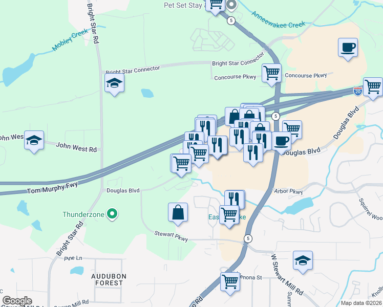 map of restaurants, bars, coffee shops, grocery stores, and more near 7454 Douglas Boulevard in Douglasville
