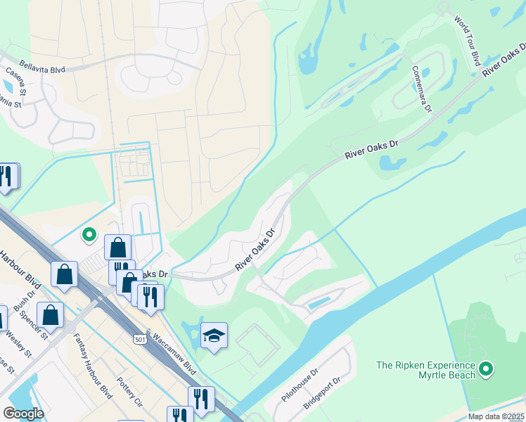 map of restaurants, bars, coffee shops, grocery stores, and more near 569 Blue River Court in Myrtle Beach