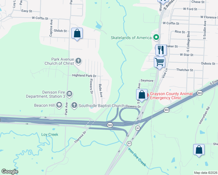 map of restaurants, bars, coffee shops, grocery stores, and more near 1823 Woodland Park Drive in Denison
