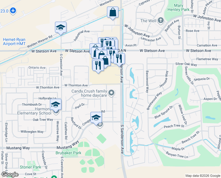 map of restaurants, bars, coffee shops, grocery stores, and more near 3448 Morro Hill Road in Hemet