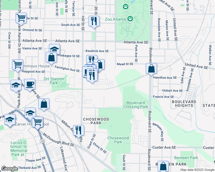 map of restaurants, bars, coffee shops, grocery stores, and more near 395 Pratt Drive Southeast in Atlanta