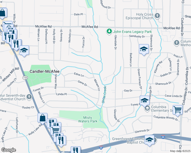 map of restaurants, bars, coffee shops, grocery stores, and more near 2423 Miriam Lane in Decatur