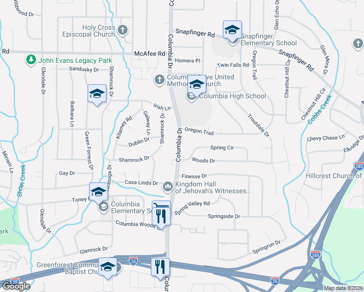 map of restaurants, bars, coffee shops, grocery stores, and more near 3408 Spring Circle in Decatur