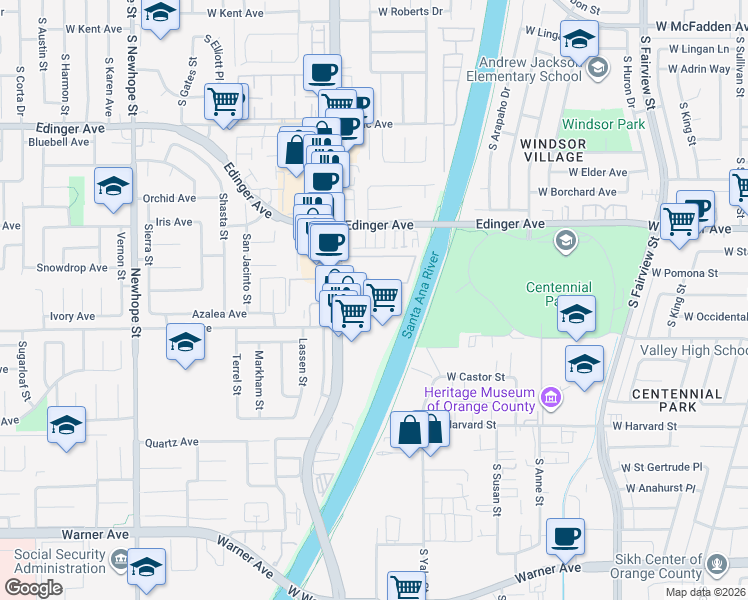 map of restaurants, bars, coffee shops, grocery stores, and more near 12061 Brighton River in Fountain Valley