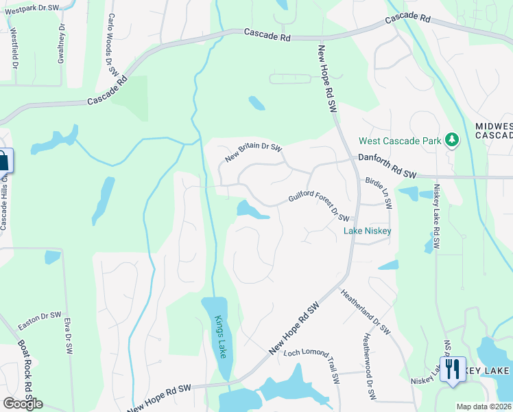 map of restaurants, bars, coffee shops, grocery stores, and more near 4700 Guilford Forest Drive Southwest in Atlanta