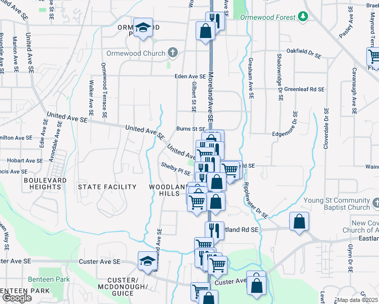 map of restaurants, bars, coffee shops, grocery stores, and more near 1116 United Avenue Southeast in Atlanta