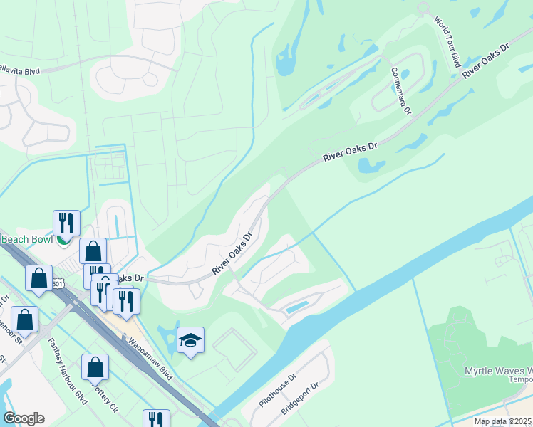 map of restaurants, bars, coffee shops, grocery stores, and more near 45-A River Oaks Drive in Myrtle Beach