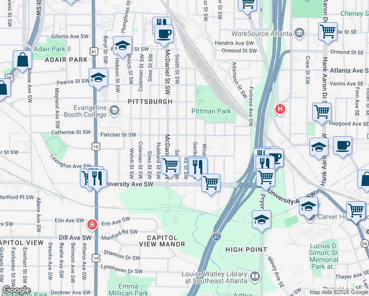 map of restaurants, bars, coffee shops, grocery stores, and more near 1116 Smith Street Southwest in Atlanta