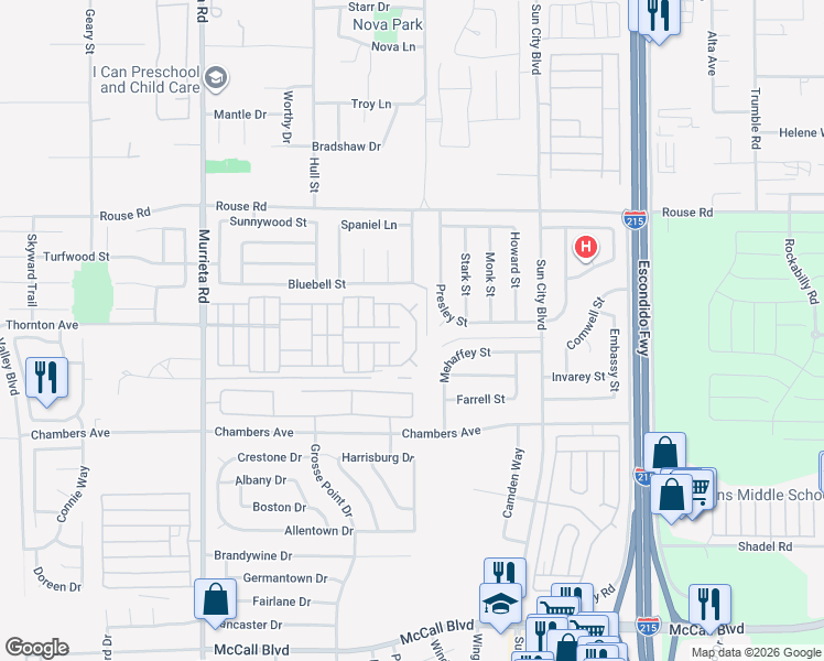 map of restaurants, bars, coffee shops, grocery stores, and more near 27250 Murrieta Road in Menifee