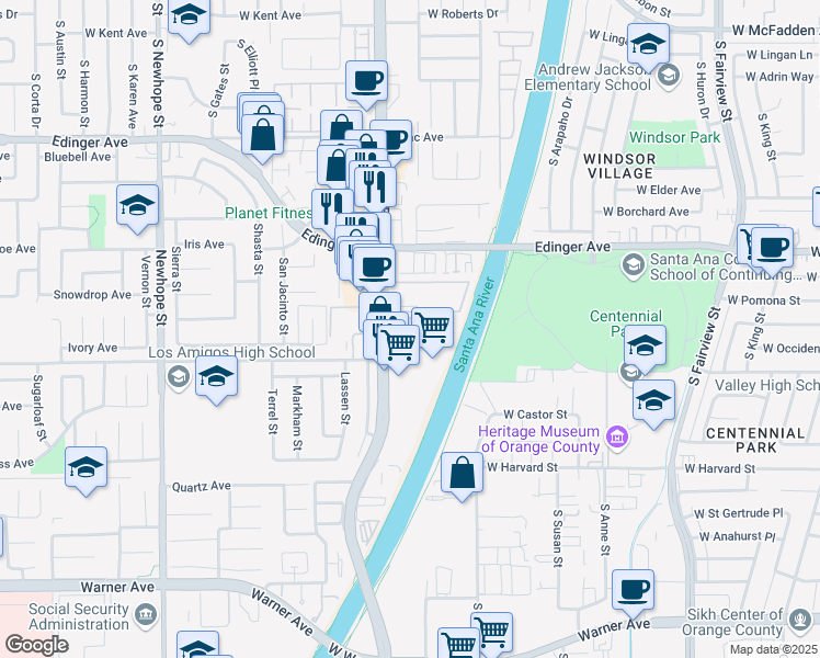 map of restaurants, bars, coffee shops, grocery stores, and more near in Fountain Valley
