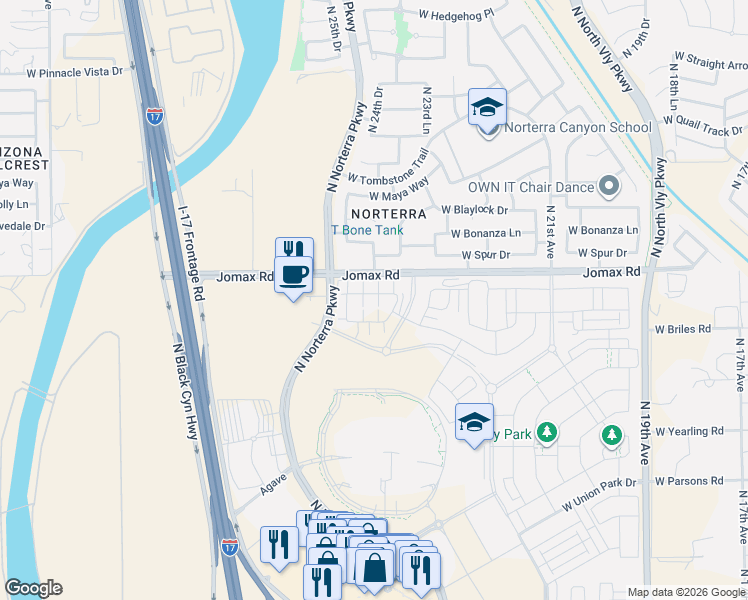 map of restaurants, bars, coffee shops, grocery stores, and more near West Jomax Road in Phoenix