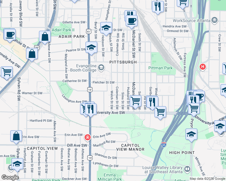 map of restaurants, bars, coffee shops, grocery stores, and more near 527 Roy Street Southwest in Atlanta