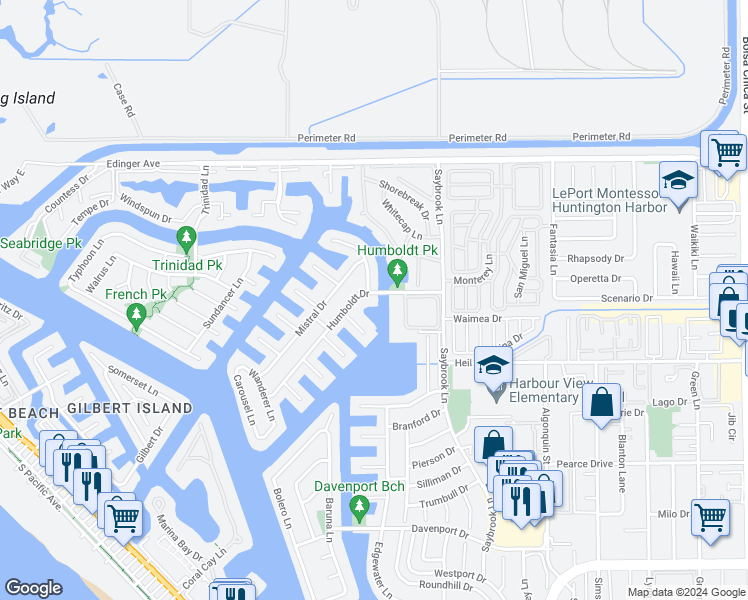map of restaurants, bars, coffee shops, grocery stores, and more near 4072 Humboldt Drive in Huntington Beach