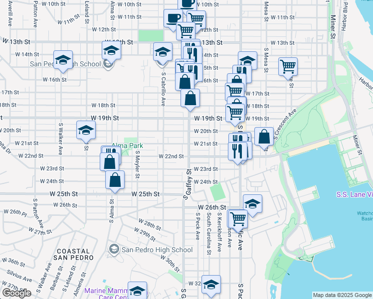 map of restaurants, bars, coffee shops, grocery stores, and more near 2115 South Gaffey Street in Los Angeles