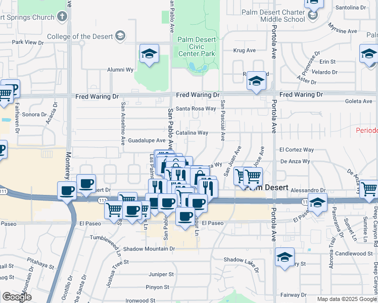 map of restaurants, bars, coffee shops, grocery stores, and more near 44560 San Rafael Avenue in Palm Desert