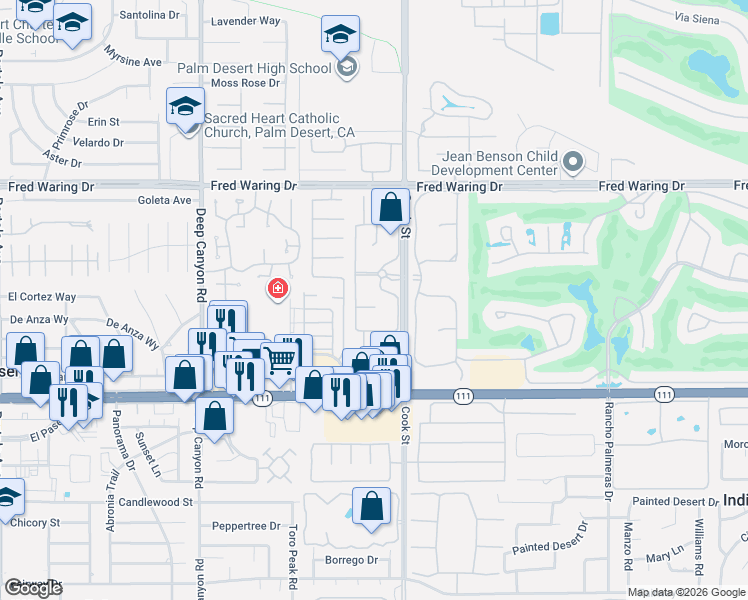 map of restaurants, bars, coffee shops, grocery stores, and more near 74992 Havasu Court in Indian Wells