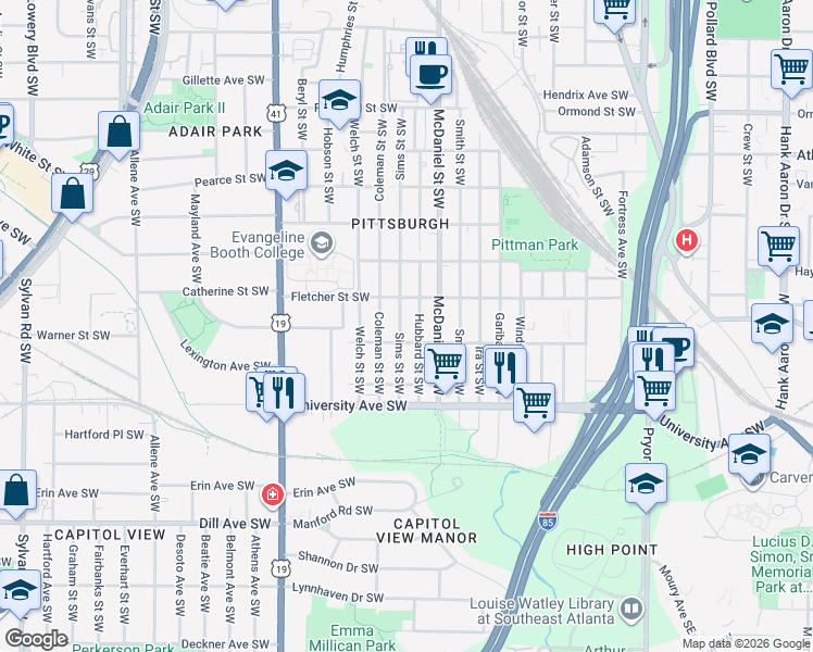 map of restaurants, bars, coffee shops, grocery stores, and more near 1107 Sims Street Southwest in Atlanta