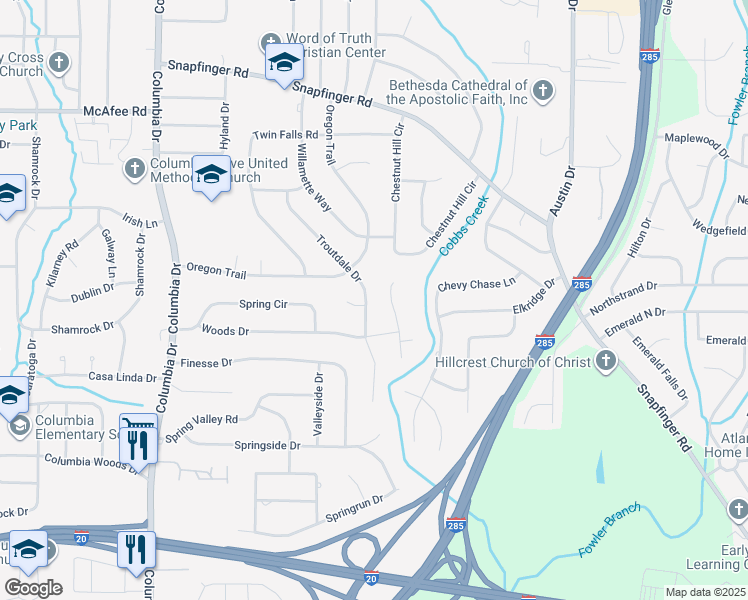 map of restaurants, bars, coffee shops, grocery stores, and more near 2208 Troutdale Drive in Decatur