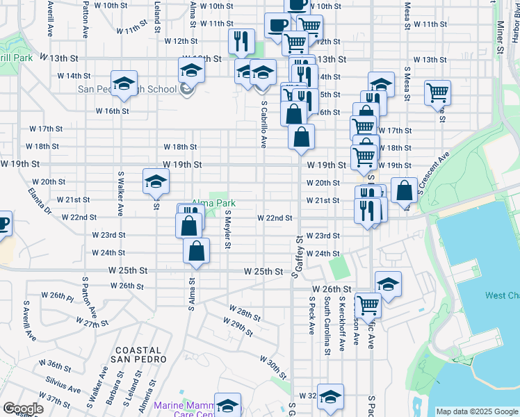map of restaurants, bars, coffee shops, grocery stores, and more near 2117 South Cabrillo Avenue in Los Angeles