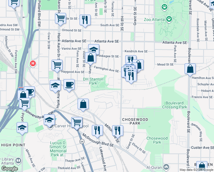 map of restaurants, bars, coffee shops, grocery stores, and more near 1075 Grant Way Southeast in Atlanta
