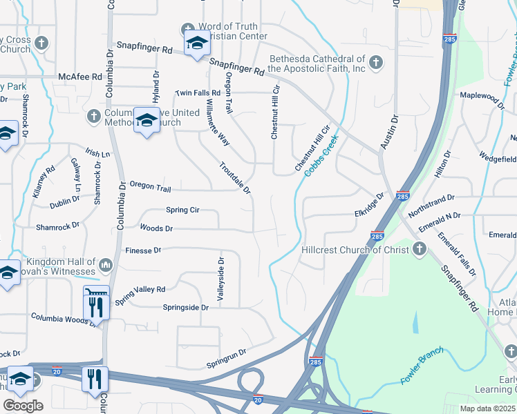 map of restaurants, bars, coffee shops, grocery stores, and more near 2202 Troutdale Drive in Decatur