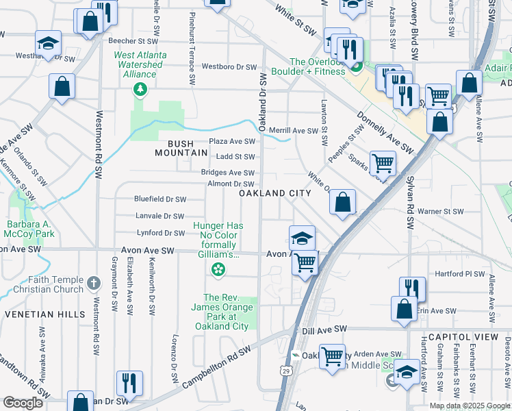map of restaurants, bars, coffee shops, grocery stores, and more near 1105 Oakland Drive Southwest in Atlanta