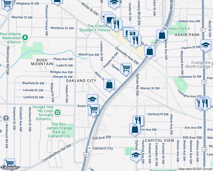 map of restaurants, bars, coffee shops, grocery stores, and more near 1091 Tucker Avenue Southwest in Atlanta